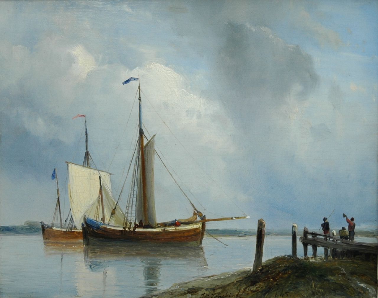 Jongkind J.B.  | Johan Barthold Jongkind, Sailing vessels in a river landscape, Öl auf Holz 23,0 x 29,0 cm, signed c.r. und dated '45