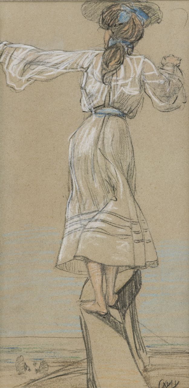 Vaarzon Morel W.F.A.I.  | Wilhelm Ferdinand Abraham Isaac 'Willem' Vaarzon Morel, Junges Mädchen hält Ausguck am Meer, Pastell auf Papier 31,6 x 18,2 cm, Unterzeichnet r.u.