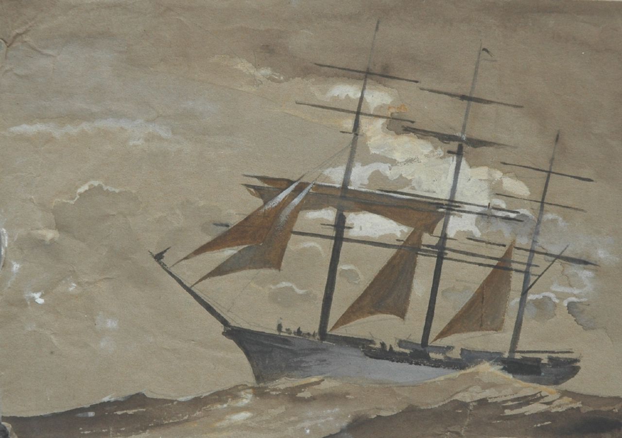 Back R.T.  | Robert Trenaman Back, Three-master at sea, Aquarell auf Papier 15,0 x 20,9 cm