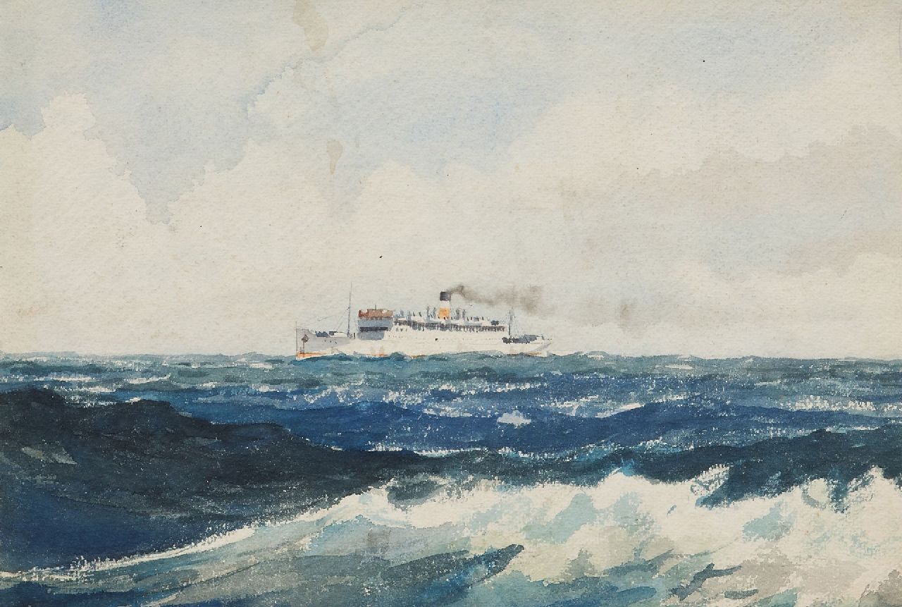 Back R.T.  | Robert Trenaman Back | Aquarelle und Zeichnungen zum Verkauf angeboten | Der Dampfer Lord Nelson auf offener See, Aquarell auf Papier 24,4 x 35,6 cm, Unterzeichnet r.u. und datiert 1936