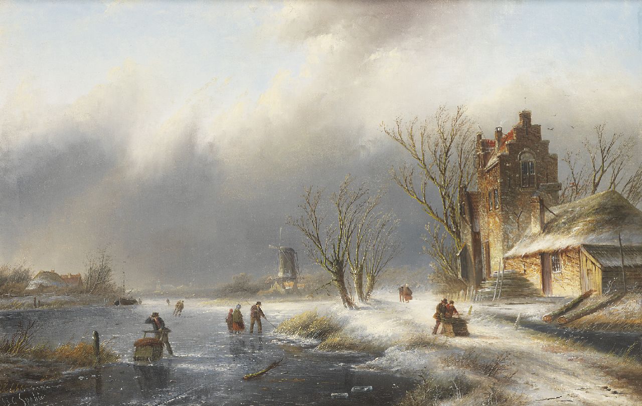 Spohler J.J.C.  | Jacob Jan Coenraad Spohler, A winter landscape with figures on and along a frozen river, Öl auf Leinwand 43,6 x 66,8 cm, signed l.l.
