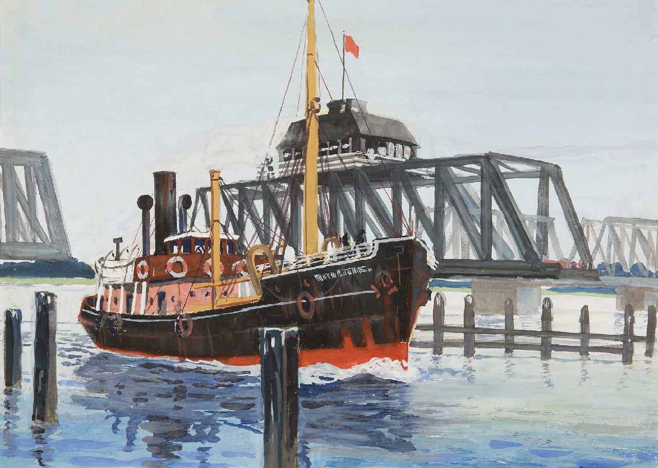 Back R.T.  | Robert Trenaman Back | Aquarelle und Zeichnungen zum Verkauf angeboten | Trawler fährt an einer Drehbrücke vorbei, Aquarell auf Papier 24,4 x 33,4 cm