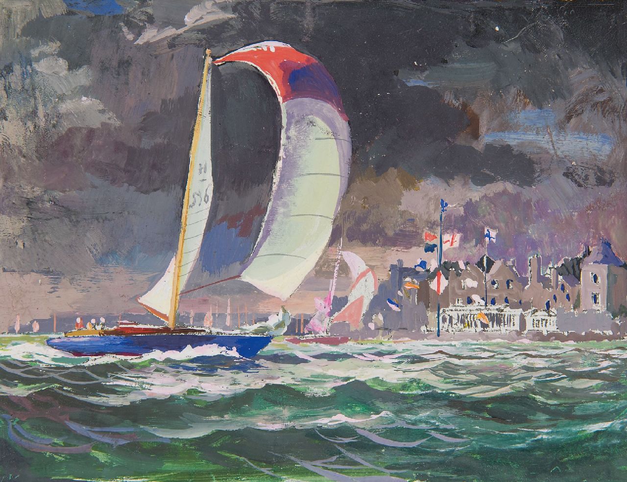 Back R.T.  | Robert Trenaman Back | Aquarelle und Zeichnungen zum Verkauf angeboten | Regatta am Hafeneingang, Aquarell auf Papier 11,5 x 15,5 cm