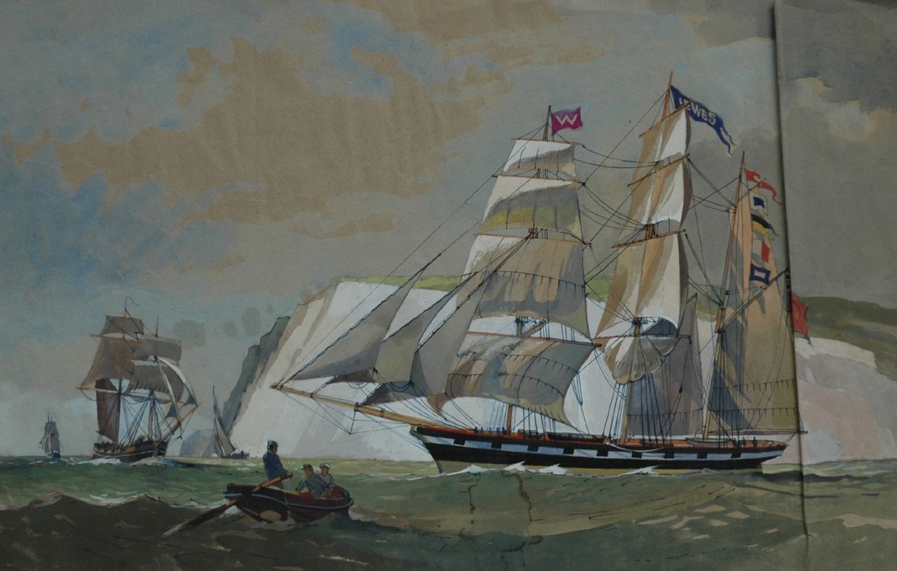 Back R.T.  | Robert Trenaman Back, Sailing boat off the English shore, Feder, Tinte und Aquarell auf Papier 32,0 x 50,6 cm