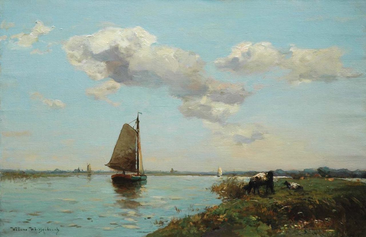 Weissenbruch W.J.  | 'Willem' Johannes Weissenbruch, Shipping in a river landscape, Öl auf Leinwand 40,2 x 60,6 cm, signed l.l.