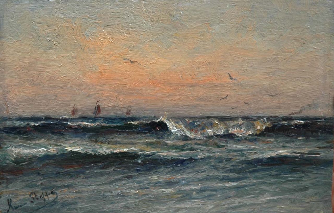 Steppe R.  | Romain Steppe, Sunset over the Flemish coast, Öl auf Holz 15,7 x 24,0 cm, signed l.l.