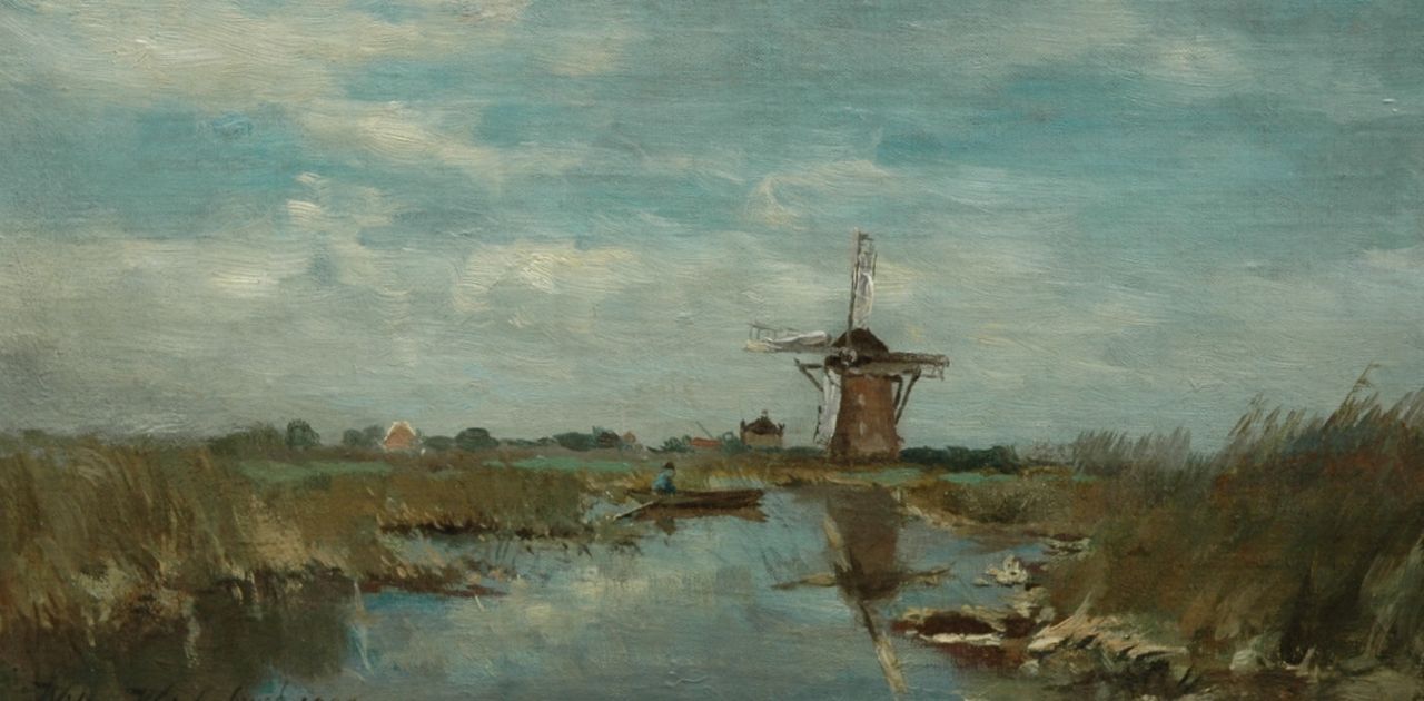 Weissenbruch W.J.  | 'Willem' Johannes Weissenbruch, A windmill in a polder landscape, Öl auf Leinwand auf Holz 16,0 x 30,7 cm, signed l.l. und dated 1900
