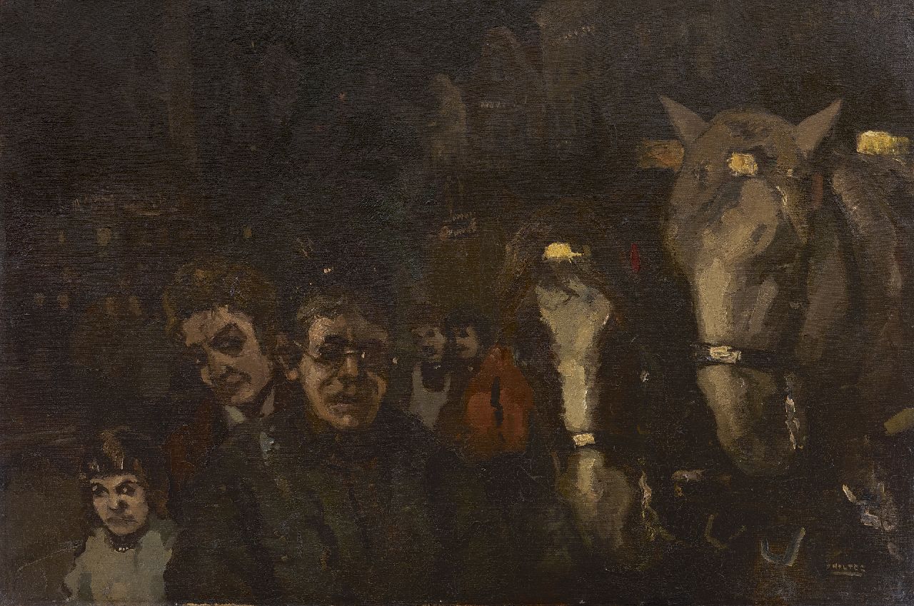 Noltee B.C.  | Bernardus Cornelis 'Cor' Noltee | Gemälde zum Verkauf angeboten | Figuren und Kutschenpferde am Abend, Öl auf Leinwand 60,7 x 90,7 cm, Unterzeichnet r.u.