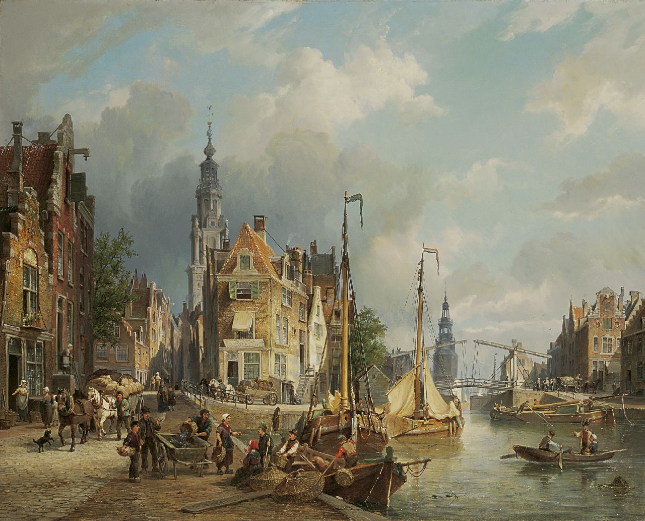 Dommelshuizen C.C.  | Cornelis Christiaan Dommelshuizen, The Zwanenburgwal with the Montelbaanstoren in the distance, Amsterdam, Öl auf Leinwand 61,6 x 76,5 cm, signed l.c. and with initials on the fish cart und dated 'Bruxelles 1873'