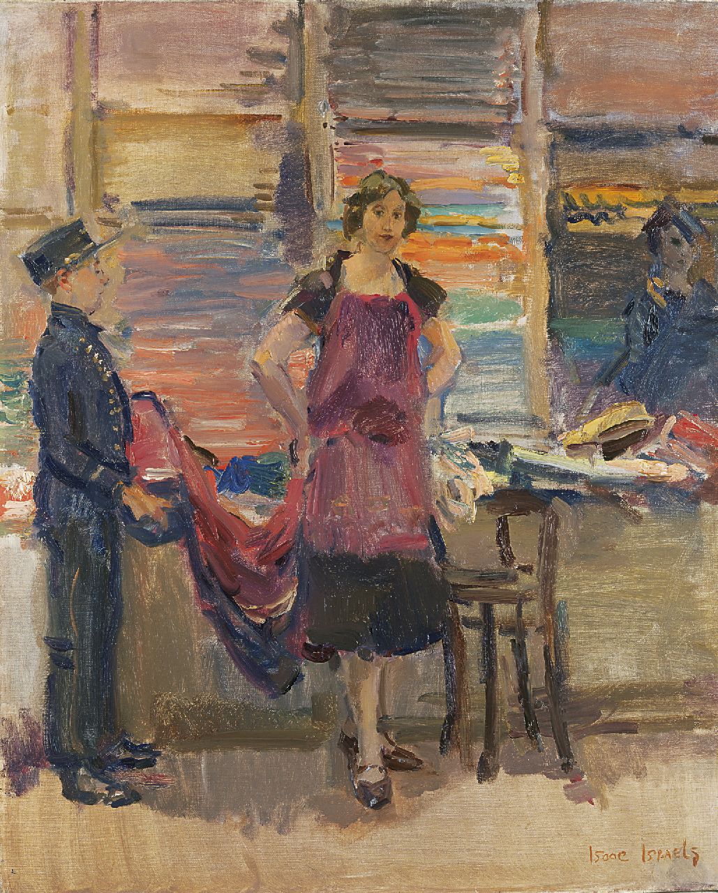 Israels I.L.  | 'Isaac' Lazarus Israels, Trying on fabrics in Maison Wijnman, The Hague, Öl auf Leinwand 80,0 x 65,5 cm, signed l.r. und painted between 1925-1926