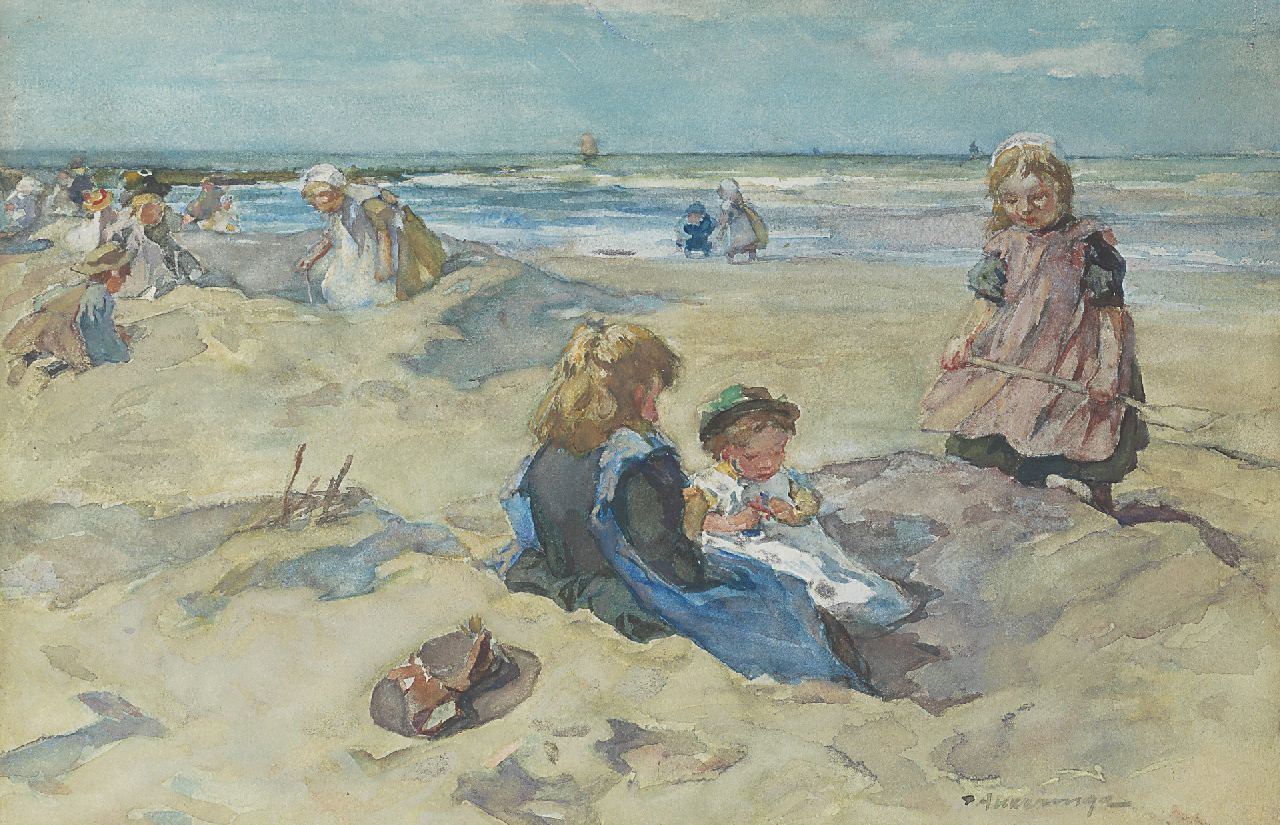 Akkeringa J.E.H.  | 'Johannes Evert' Hendrik Akkeringa, A sunny day at the beach, Aquarell auf Papier 26,7 x 40,7 cm, signed l.r.