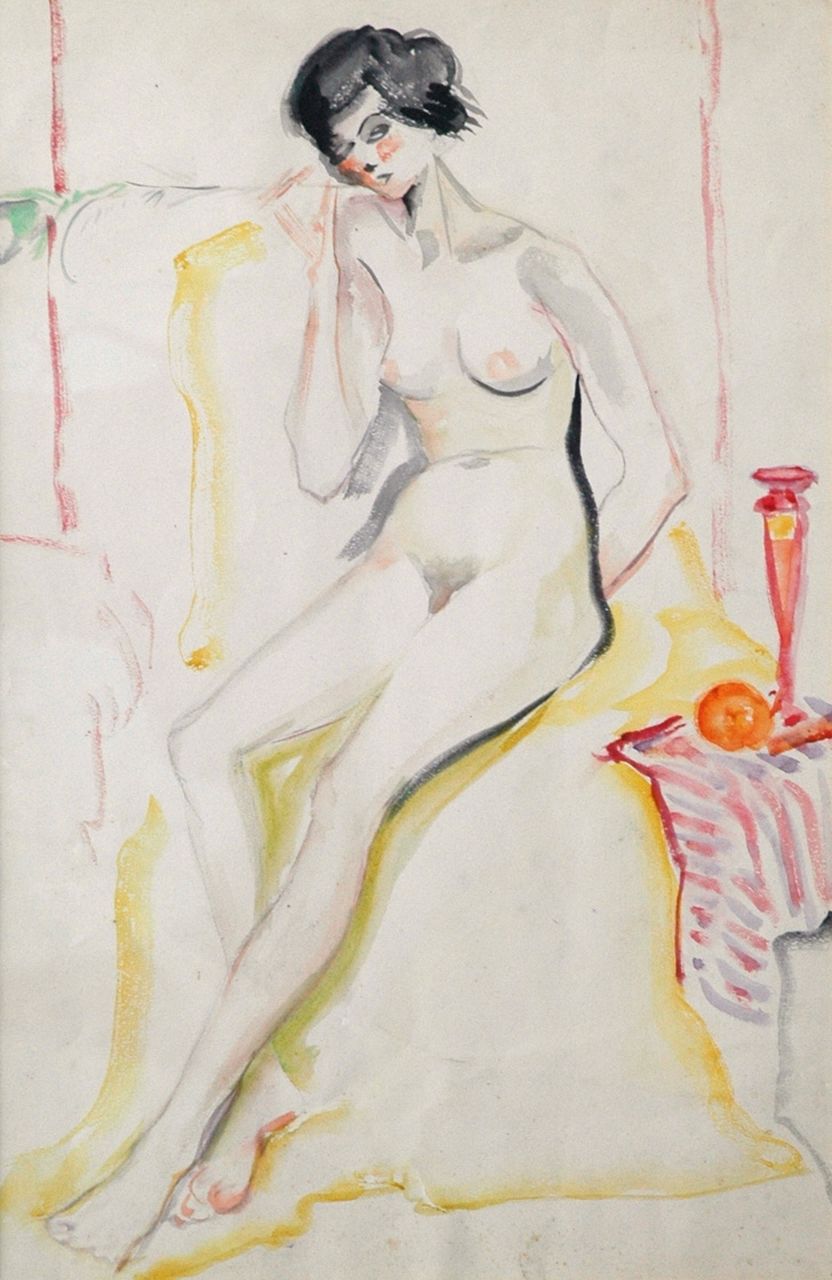 Martens-Pott A.J.  | 'Alida' Jantina Martens-Pott, A female nude sitting, Aquarell auf Papier 50,0 x 32,5 cm, painted circa 1924