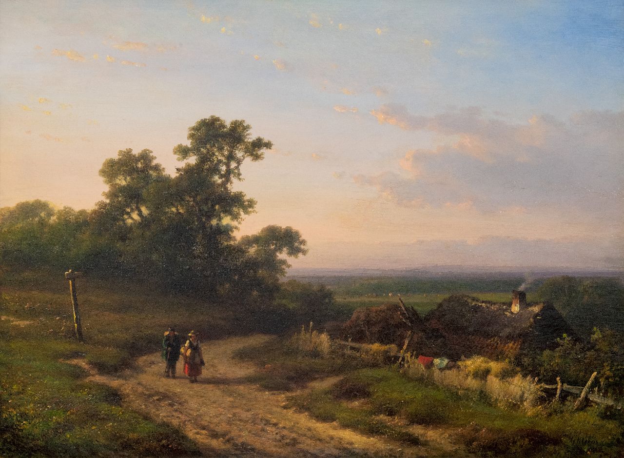 Kleijn L.J.  | Lodewijk Johannes Kleijn, Panoramische Sommerlandschaft mit Bauernleuten, Öl auf Holz 34,5 x 46,7 cm, Unterzeichnet r.u.