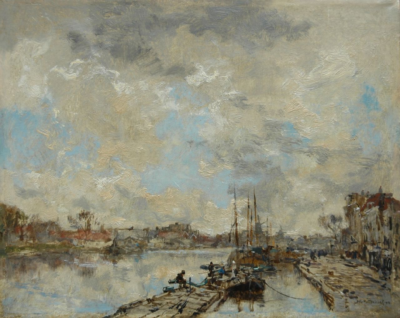 Mastenbroek J.H. van | Johan Hendrik van Mastenbroek, Fishing boats alongside a quay, Öl auf Leinwand 28,6 x 35,7 cm, signed l.r. und dated 1914