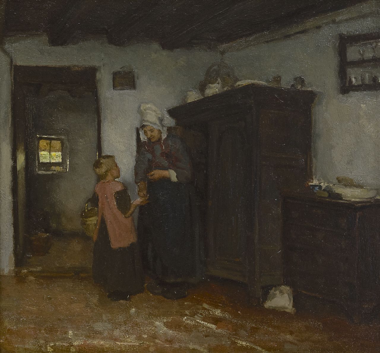 Neuhuys J.A.  | Johannes 'Albert' Neuhuys, Bäuerlicher Innenraum mit Frau und Kind, Öl auf Holz 40,4 x 43,7 cm, signed on a label on the reverse