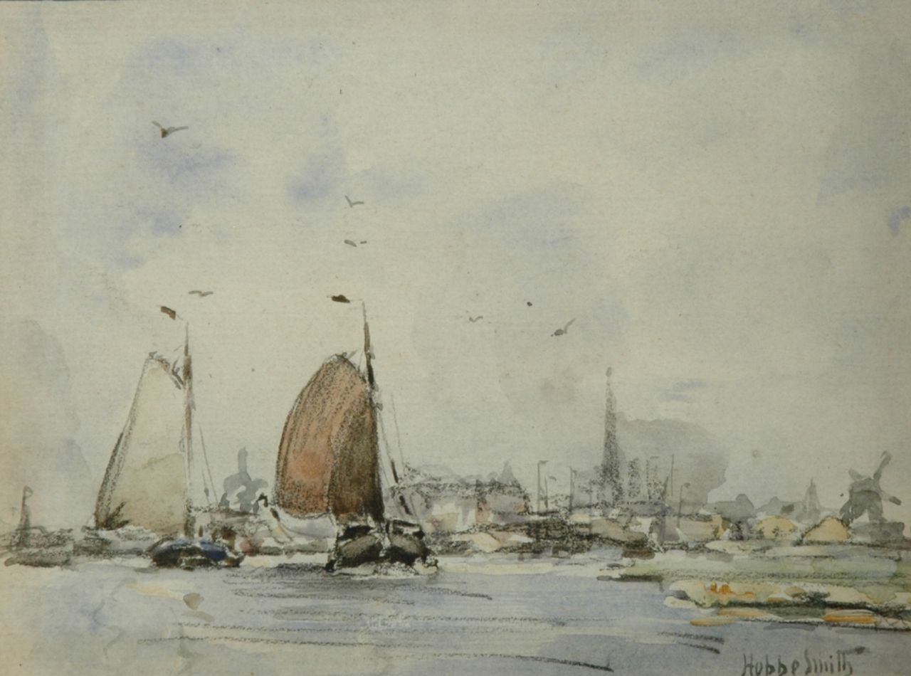 Smith H.  | Hobbe Smith, Schepen on the IJ, Aquarell auf Papier 13,5 x 17,0 cm, signed l.r. and on the reverse