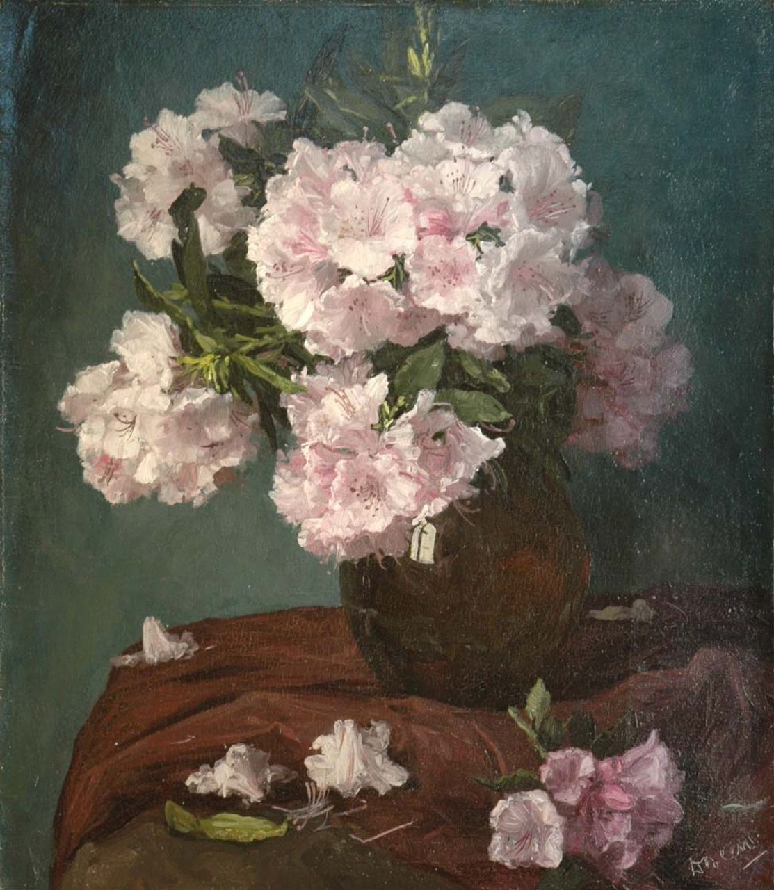 Been D.  | Daniël Been, Rhododendron in a blue vase, Öl auf Leinwand 75,4 x 65,7 cm, signed l.r.
