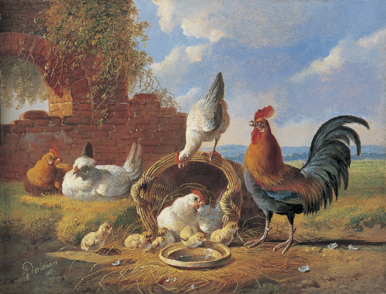 Verhoesen A.  | Albertus Verhoesen, Poultry in a classical landscape, Öl auf Holz 18,6 x 24,1 cm, signed l.l. und dated 1876