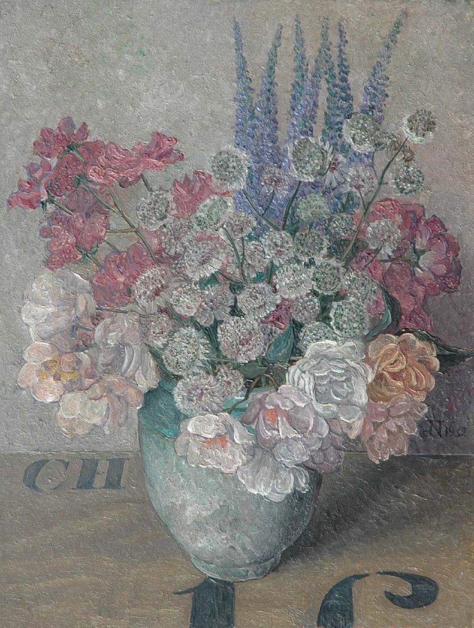 Nieweg J.  | Jakob Nieweg, A still life with pink flowers, Öl auf Holz 35,5 x 27,3 cm, signed m.r. with monogram und dated 1932