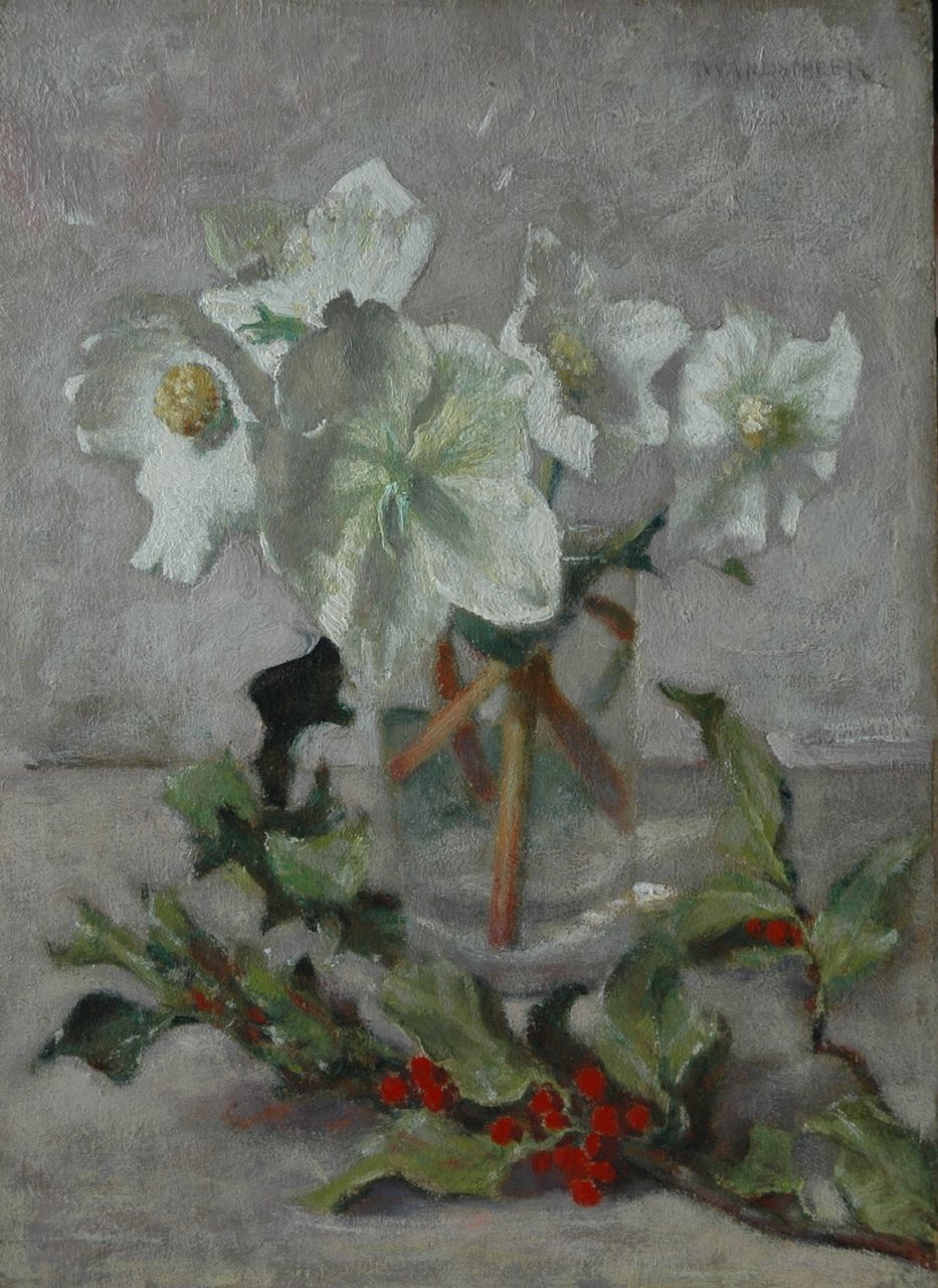 Wandscheer M.W.  | Maria Wilhelmina 'Marie' Wandscheer, A Christmas rose, Öl auf Holz 32,0 x 23,3 cm, signed u.r. and on the reverse