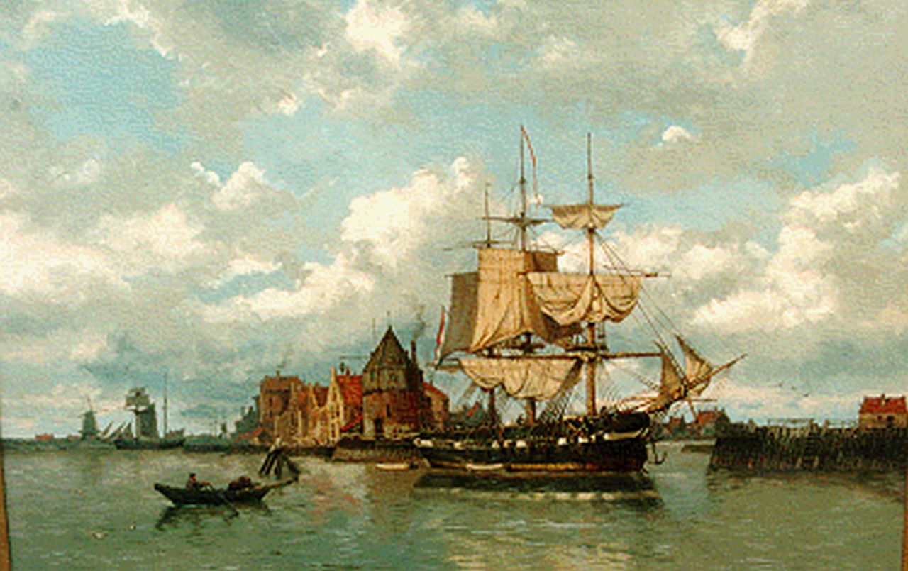 Koekkoek G.J.  | Gerardus Johannes 'Gerard' Koekkoek, Ein Dreimastschiff im Hafen von Hoorn, Öl auf Leinwand 63,0 x 84,0 cm, Unterzeichnet r.u.