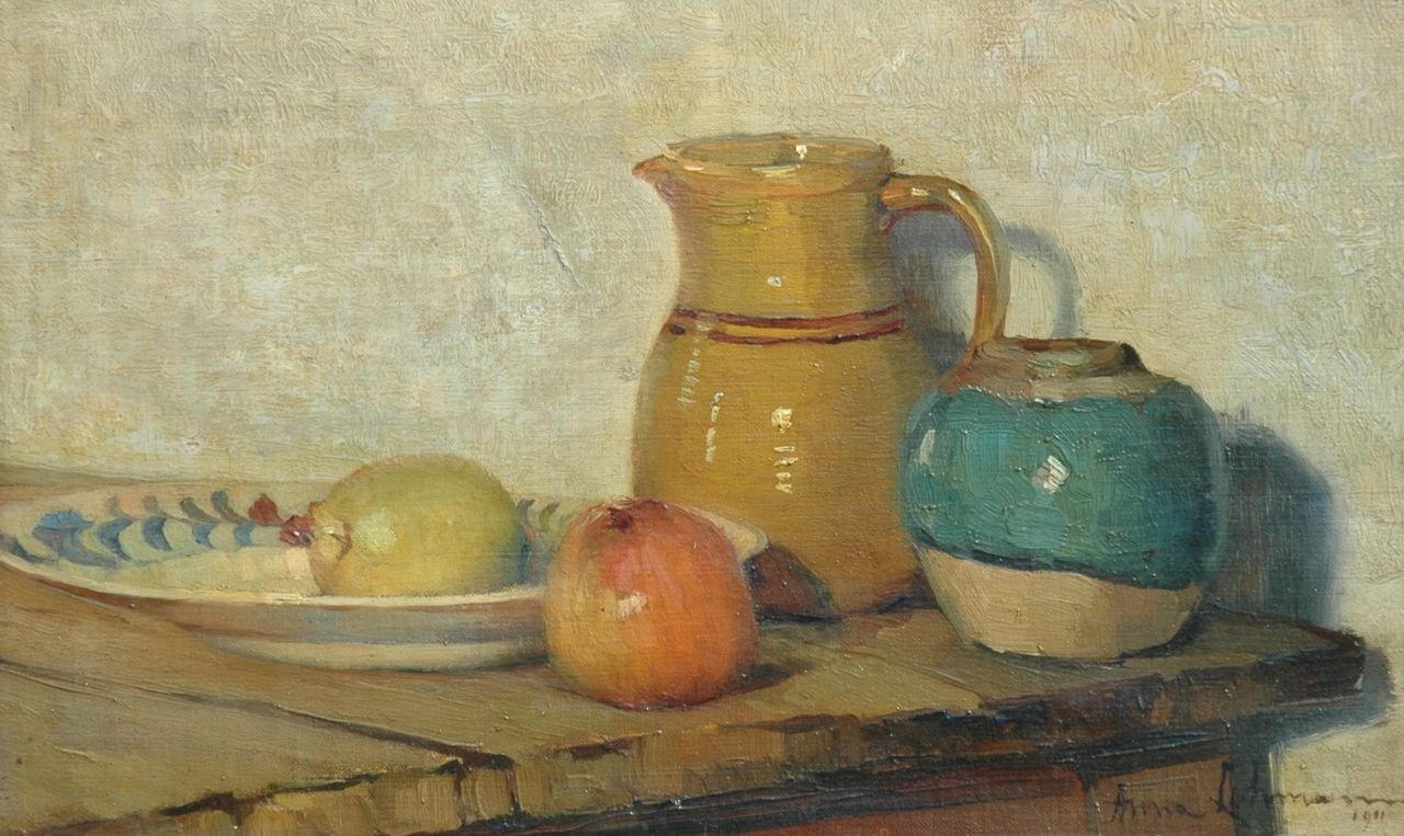 Lehmann A.E.F.  | 'Anna' Elisabeth Frederika Lehmann, A still life with apples and a jug, Öl auf Leinwand 24,4 x 39,4 cm, signed l.r. and on the stretcher und dated 1911