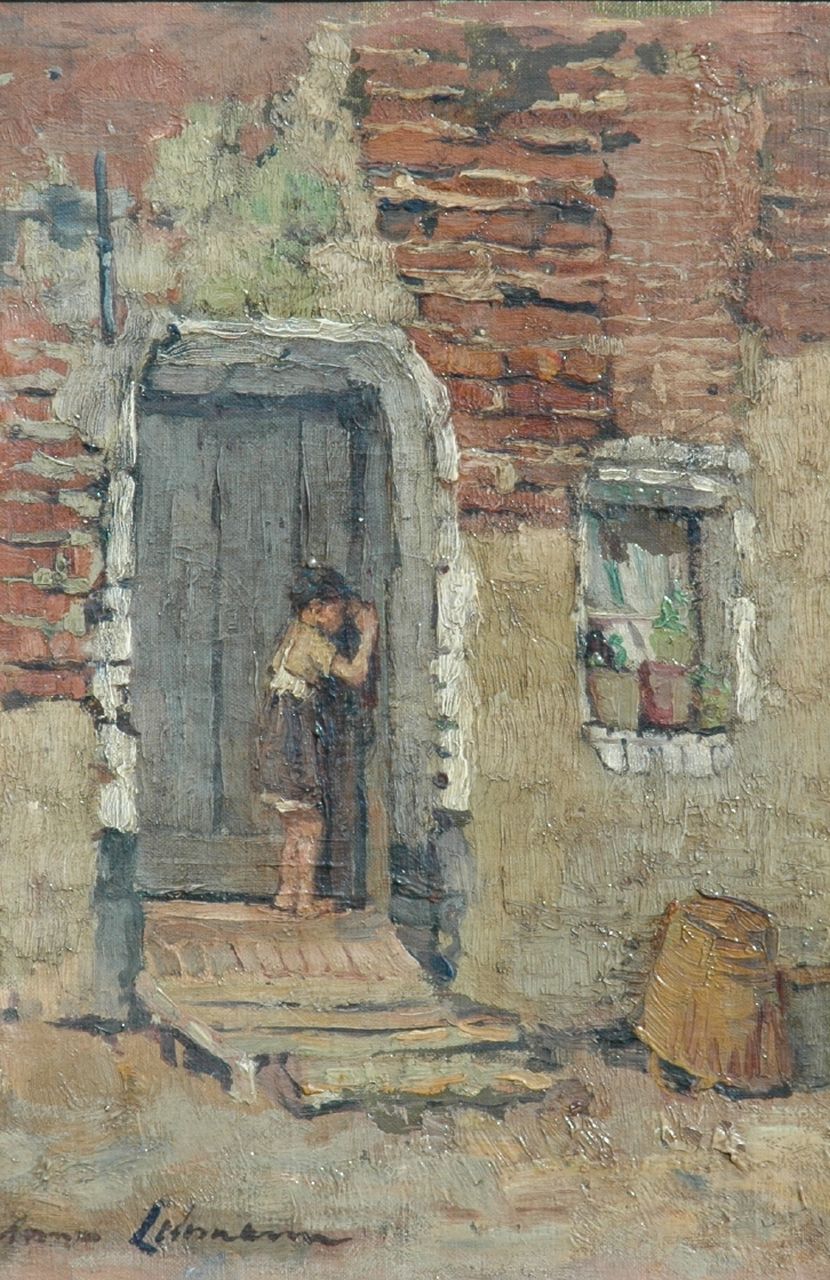 Lehmann A.E.F.  | 'Anna' Elisabeth Frederika Lehmann, A girl in front of a house, Brittany, Öl auf Leinwand Malereifaser 35,1 x 25,1 cm, signed l.l.