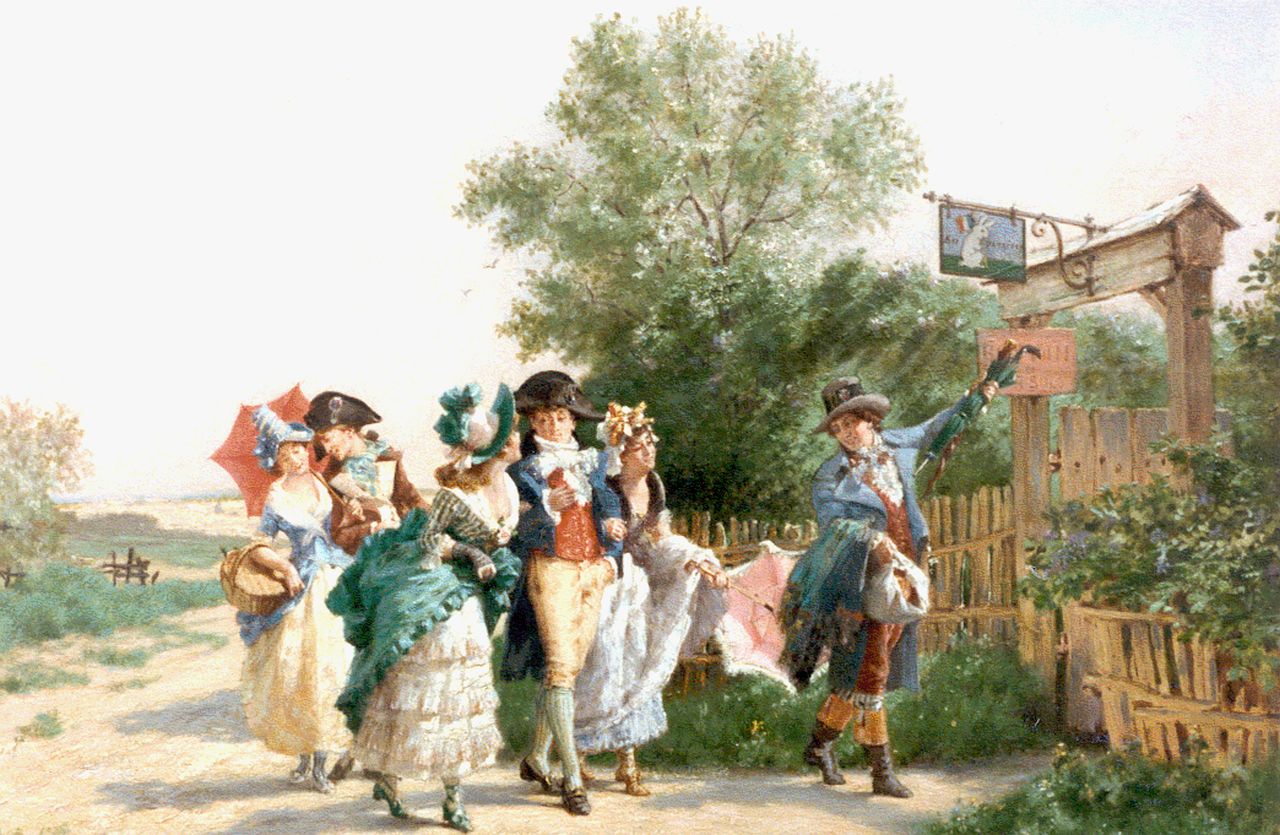 Charles-Alexandre Coëssin de la Fosse | An elegant company by an inn, Öl auf Holz, 33,1 x 47,2 cm, signed l.l.