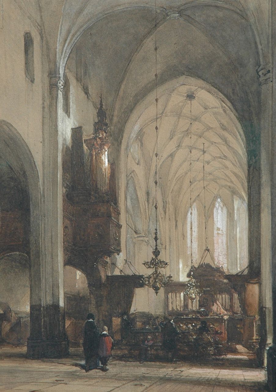 Bosboom J.  | Johannes Bosboom, Worshipping in the Grote Kerk, Hattem, Aquarell auf Papier 49,5 x 36,0 cm, signed l.r.