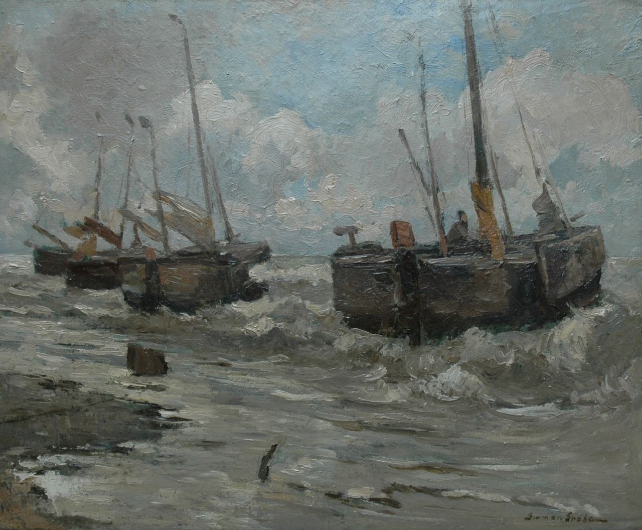 Grobe P.G.  | Philipp 'German' Grobe, 'Bomschuiten'  in the surf, Öl auf Holzfaser 45,0 x 54,8 cm, signed l.r.