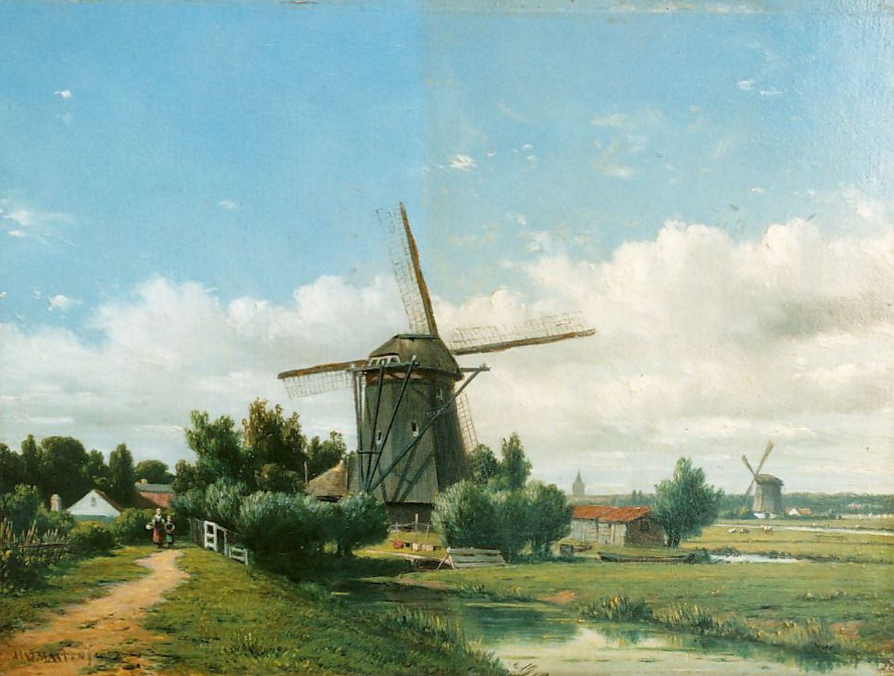 Maaten J.J. van der | Jacob Jan van der Maaten, A polder landscape with windmill, Öl auf Holz 21,0 x 28,5 cm, signed l.l. und dated 1852