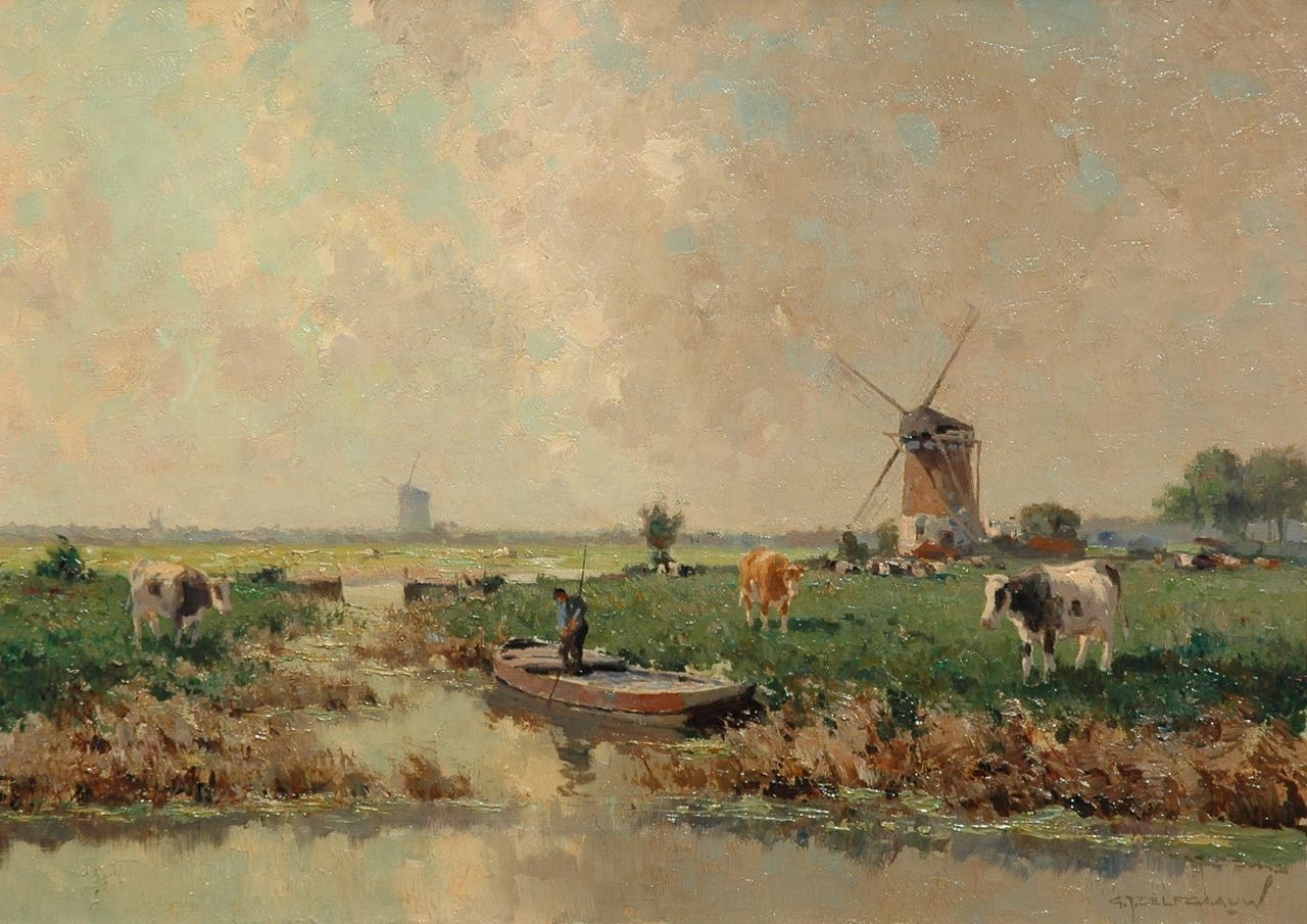 Delfgaauw G.J.  | Gerardus Johannes 'Gerard' Delfgaauw, Punting farmer in a polder landscape, Öl auf Leinwand 50,0 x 70,4 cm, signed l.r.