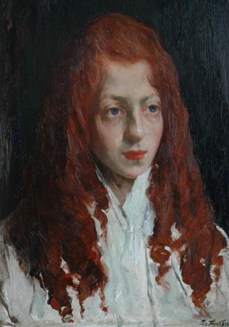 Frankfort E.  | Eduard Frankfort, Girl with red hair, Öl auf Holzfaser 48,5 x 35,5 cm, signed l.r.