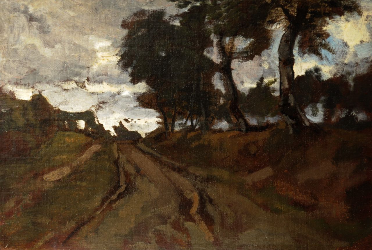 Frankfort E.  | Eduard Frankfort, Sandy path along trees, Öl auf Leinwand  auf Holzfaser 24,1 x 35,4 cm