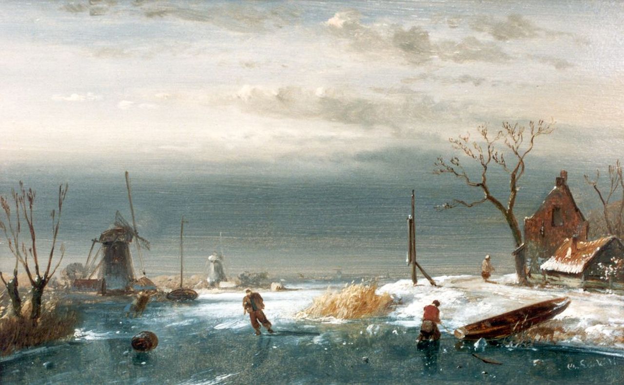 Leickert C.H.J.  | 'Charles' Henri Joseph Leickert, A winter landscape with skaters on a frozen waterway, Öl auf Holz 13,9 x 22,0 cm, signed l.r.