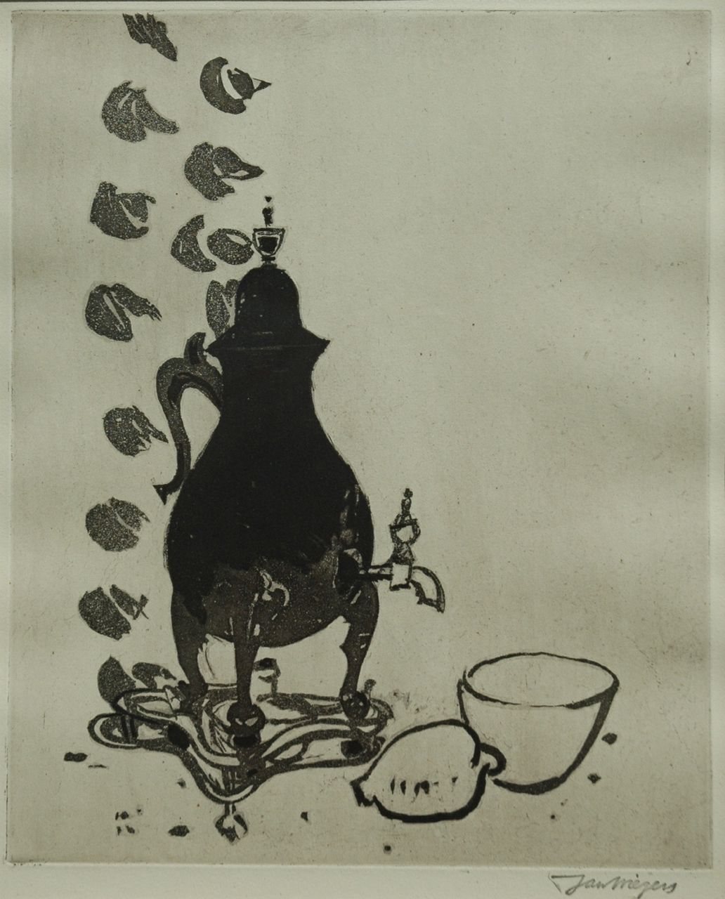 Wiegers J.  | Jan Wiegers, A still life with coffee urn, Aquatinta 35,0 x 28,0 cm, signed l.r. with stamp