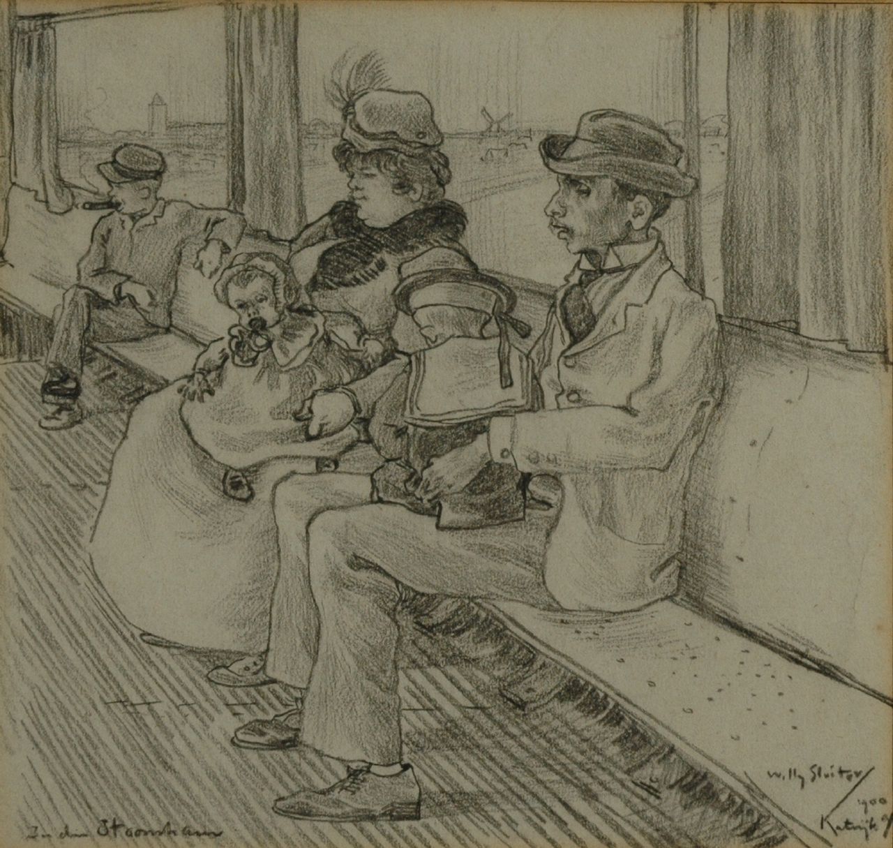 Sluiter J.W.  | Jan Willem 'Willy' Sluiter, In the streetcar, Schwarze Kreide auf Papier 18,0 x 19,0 cm, signed l.r. und dated '1900 Katwijk a/z'