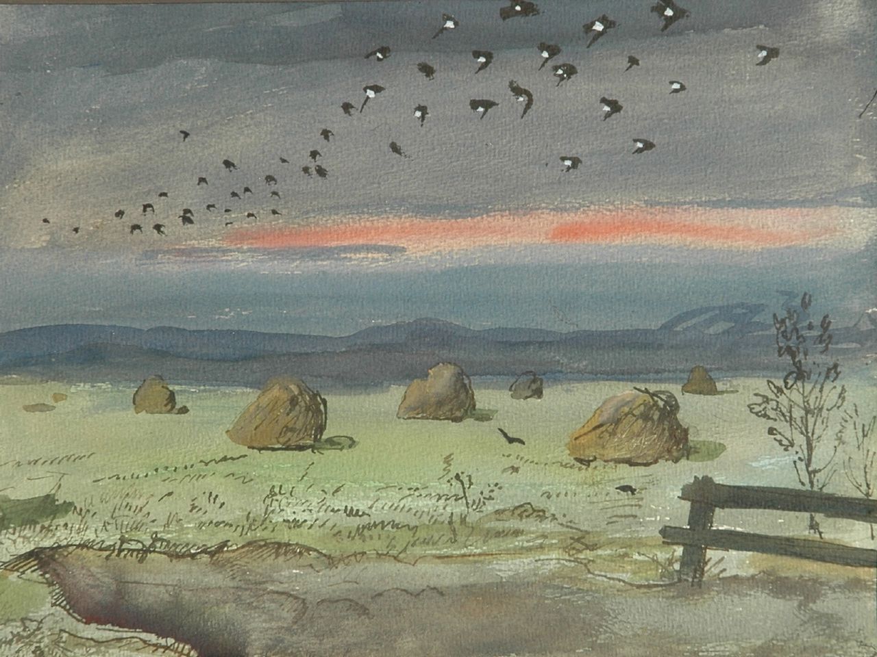 Kamerlingh Onnes H.H.  | 'Harm' Henrick Kamerlingh Onnes, A flock of birds over hayhocks, Aquarell auf Papier 24,0 x 31,5 cm, signed l.r. with monogram und dated '57
