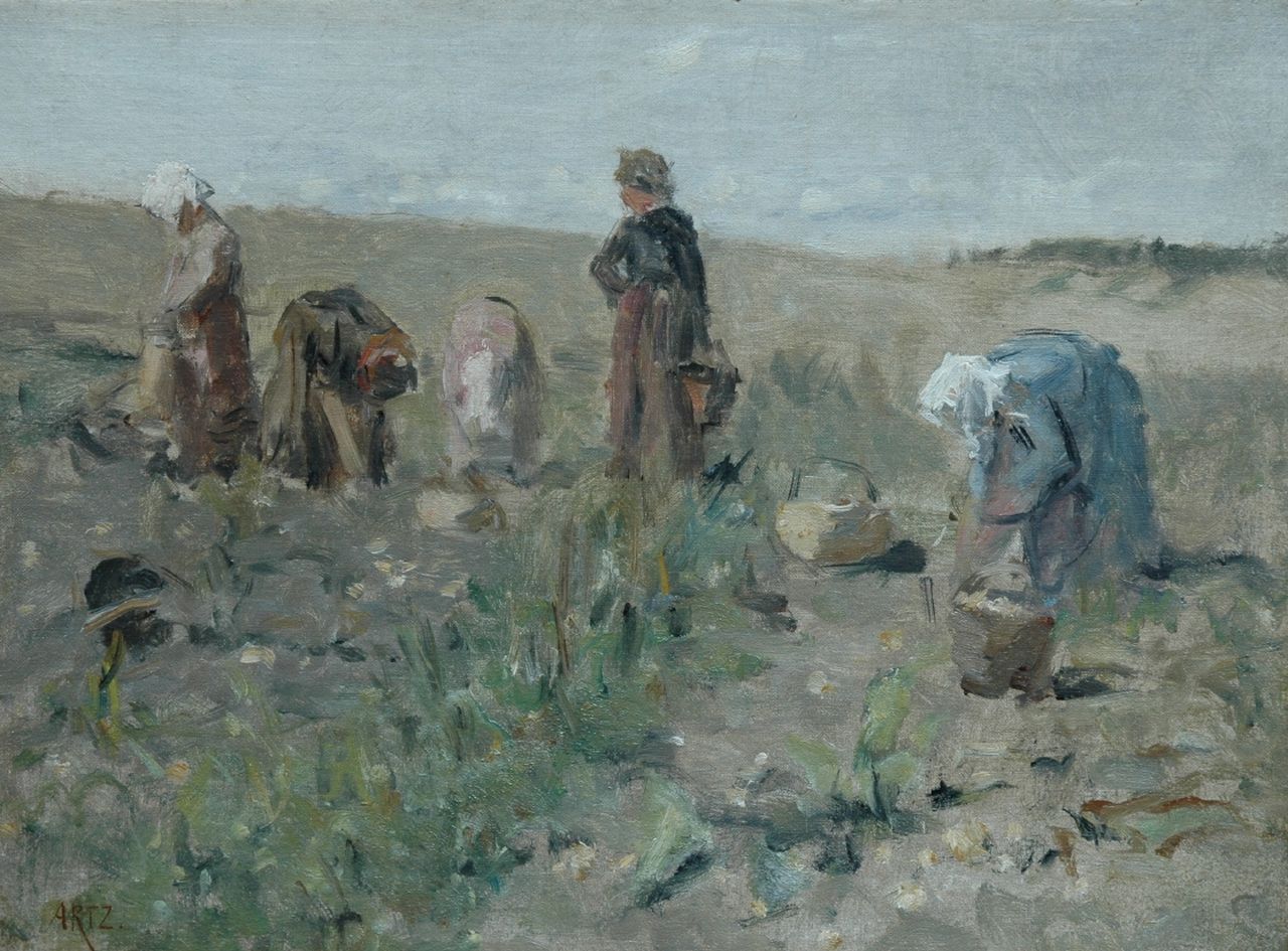 Artz D.A.C.  | David Adolphe Constant Artz, Potato digging, Öl auf Leinwand auf Holz 30,9 x 41,6 cm, signed l.l.