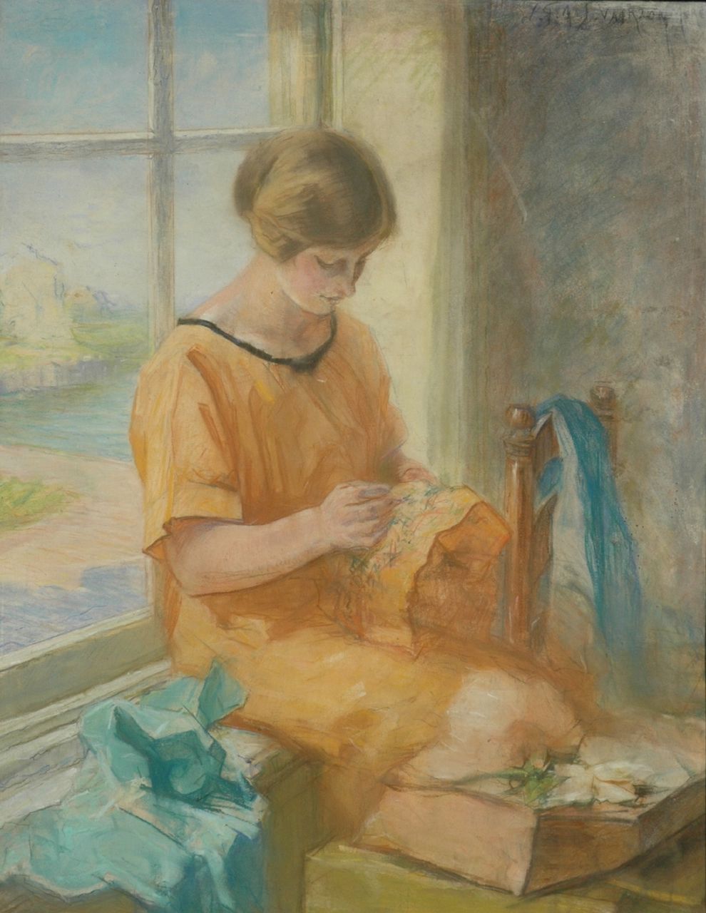 Vaarzon Morel W.F.A.I.  | Wilhelm Ferdinand Abraham Isaac 'Willem' Vaarzon Morel, The painter's wife embroiding, Pastell auf Papier 66,0 x 51,0 cm, signed u.r.