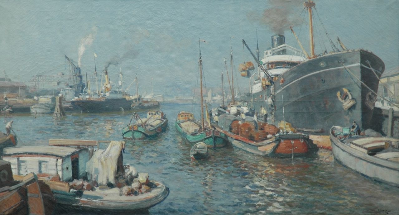 Moll E.  | Evert Moll, View of the harbour of Katendrecht, Rotterdam, Öl auf Leinwand 97,0 x 177,5 cm, signed l.r.