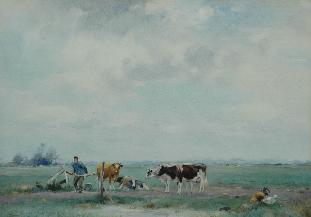 Groenewegen A.J.  | Adrianus Johannes Groenewegen, Cattle in a pasture: milking time, Aquarell auf Papier 30,5 x 22,0 cm, signed l.l.