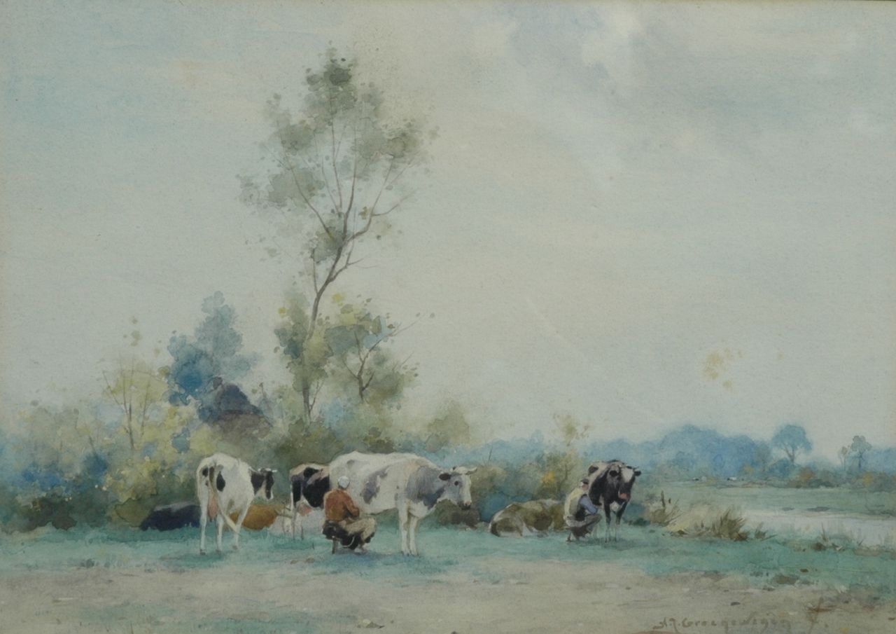 Groenewegen A.J.  | Adrianus Johannes Groenewegen, Milking time, Aquarell auf Papier 30,5 x 22,0 cm, signed l.r.