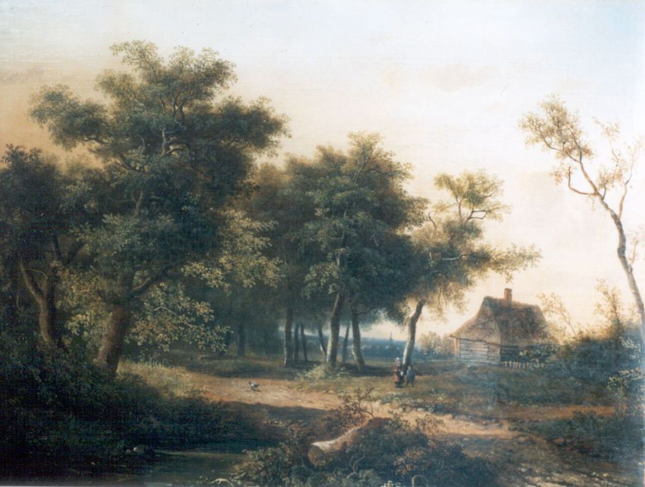 Jansen J.M.  | Johannes Mauritz Jansen, A wooded landscape with farmers on a path, Öl auf Leinwand 37,5 x 48,2 cm, signed l.l.