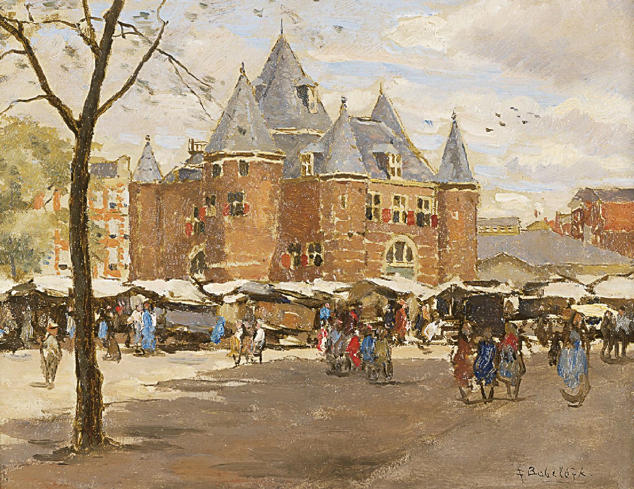 Bobeldijk F.  | Felicien Bobeldijk, A view of the Waag, Amsterdam, Öl auf Holz 16,9 x 22,0 cm, signed l.r. and on a label on the reverse