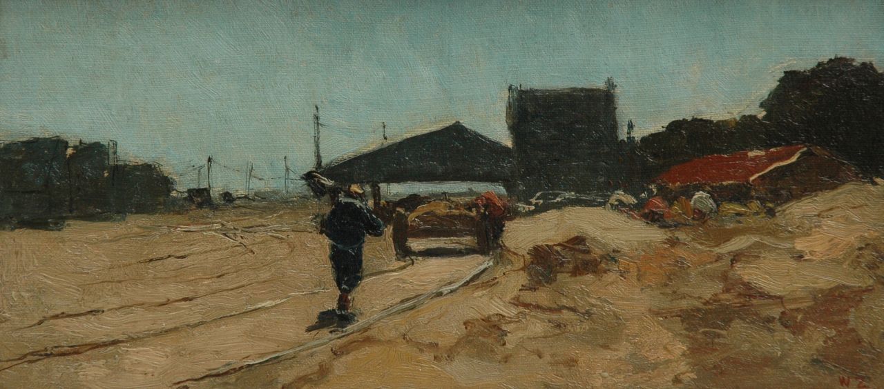 Zwart W.H.P.J. de | Wilhelmus Hendrikus Petrus Johannes 'Willem' de Zwart, Labourers along a track, The Hague, Öl auf Leinwand auf Holz 16,3 x 33,9 cm, signed l.r. with initials