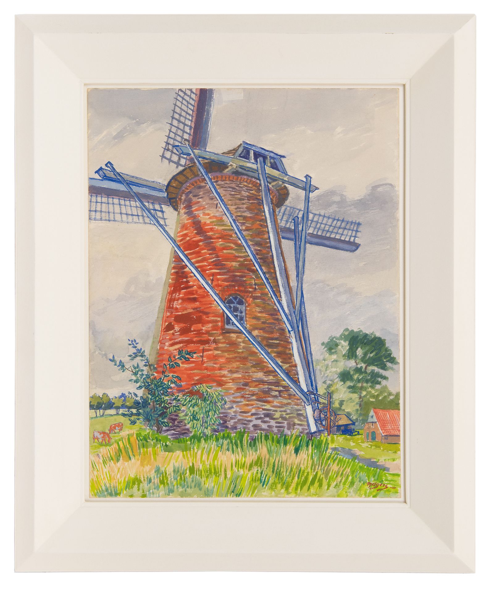 Henk Melgers Aquarelle und Zeichnungen zum Verkauf Windmühle in