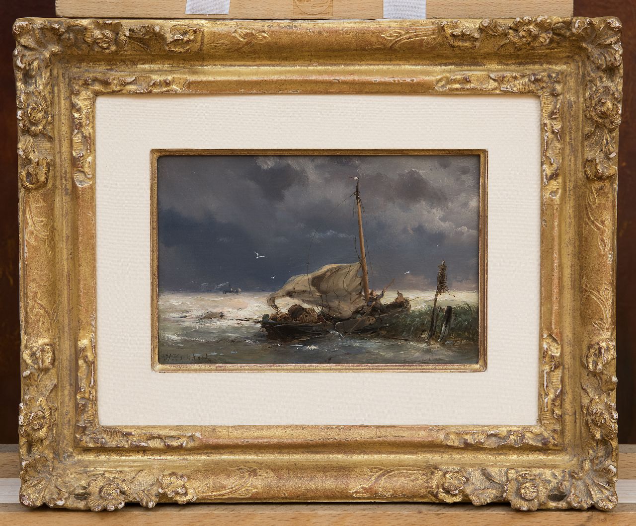 Koekkoek H.  | Hermanus Koekkoek, Fischerboot und Dampfer in einem Sturm, Öl auf Holz 10,7 x 16,0 cm, Unterzeichnet l.u. und VERKOCHT