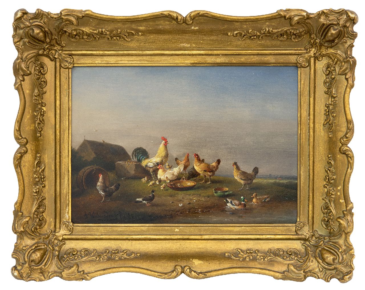 Severdonck F. van | Frans van Severdonck | Gemälde zum Verkauf angeboten | Federvieh und Vögel in weiter Landschaft, Öl auf Tafel 17,8 x 26,0 cm, Unterzeichnet u.l. und datiert 1886