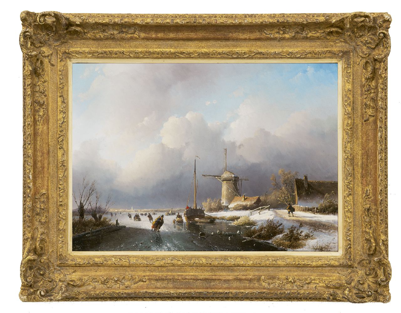 Spohler J.J.  | Jan Jacob Spohler, Eisvergnügenauf einem Kanal bei einer Mühle, Öl auf Holz 39,2 x 55,3 cm, Unterzeichnet l.u.